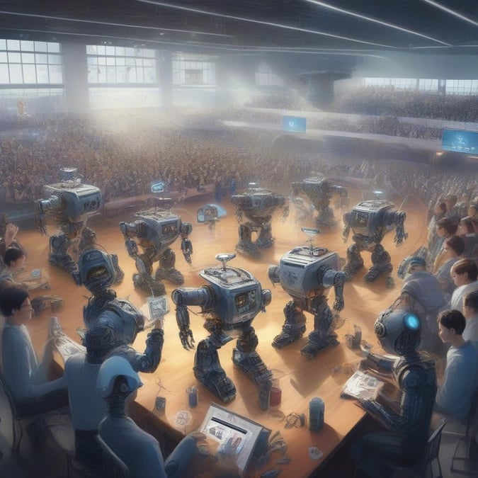 A crowd watches robot athletes in an indoor arena, creating a vibrant tech sports spectacle.