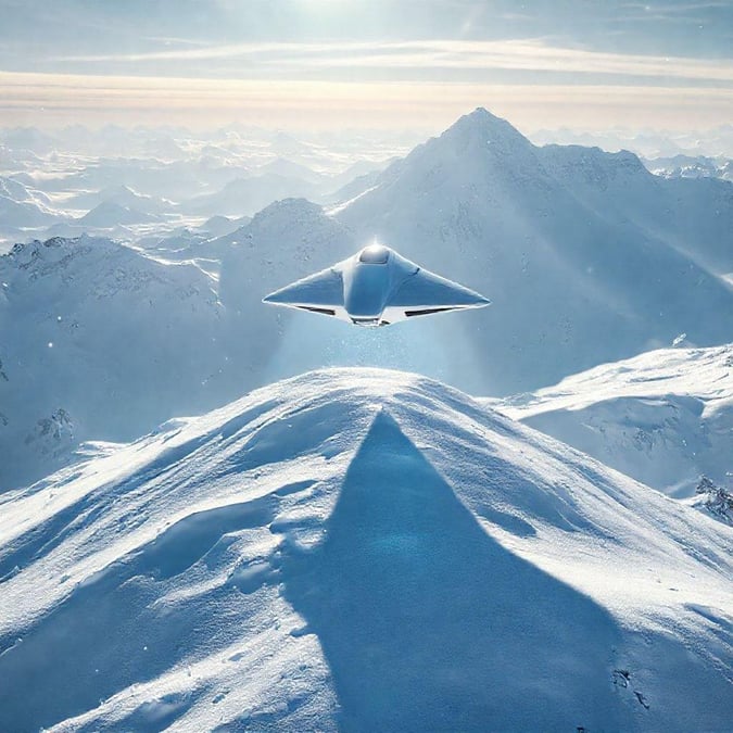 A high-tech fighter jet soars above snowy mountain peaks in a breathtaking sci-fi landscape.