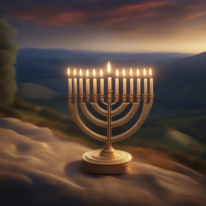 A golden menorah glowing with nine candles against a backdrop of hills under a dramatic sky, symbolizing the Festival of Lights and Jewish pride.