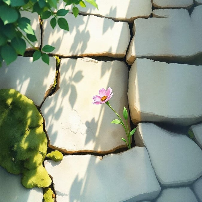 A lone purple flower blooms through the cracks in a stone pavement, symbolizing resilience and beauty amidst hardship.