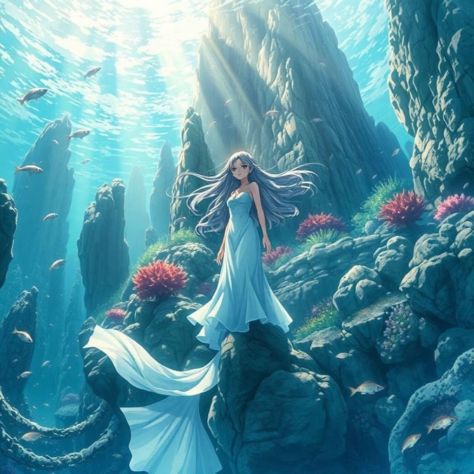 This enchanting anime illustration features a majestic mermaid princess in a white dress, standing on the rocks beneath the water's surface, surrounded by a detailed underwater city with blue and green hues, towering rock formations, and a mysterious sky.