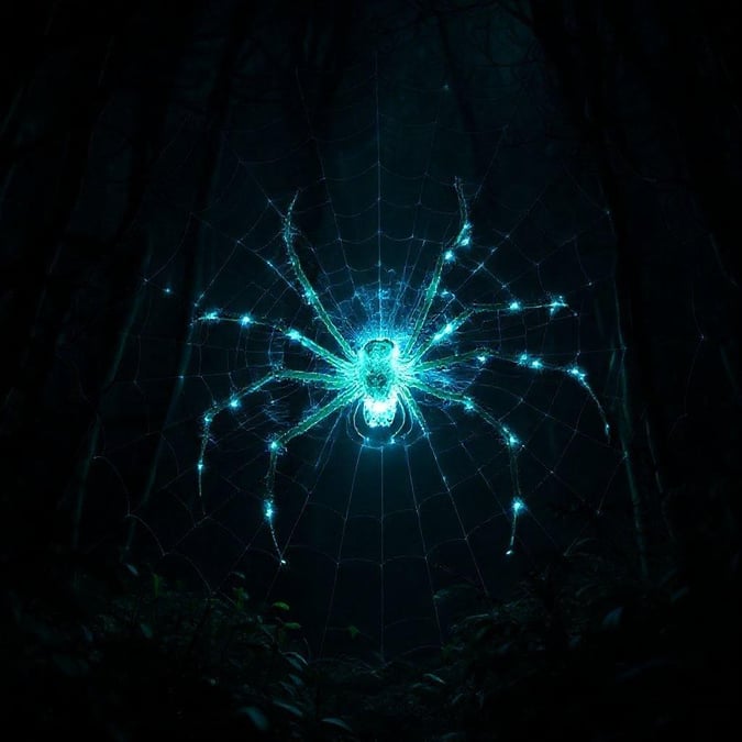 An eerie cybernetic spider waits in the midst of a dark, forest-like setting. A fusion of technology and nature, this creature from the future glows with futuristic blue lights against the night sky.