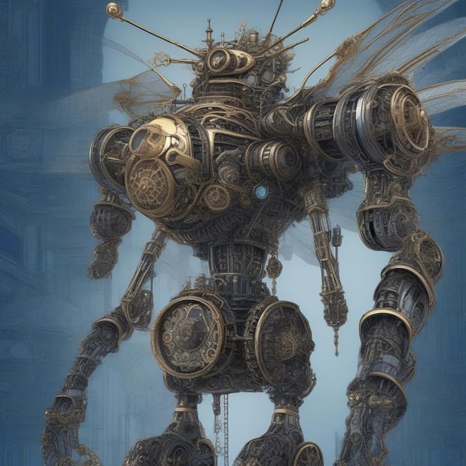 En anime-illustration af en kraftfuld mekanisk kriger, klædt i steampunk-tøj, der står midt i en kolossal maskine, der ligner en guldsmed. Robotens slanke sorte og sølvform er indviklet detaljeret med gear, mens guldsmeden har en glat, strømlinet krop. Den dybe blå baggrund tilføjer dybde, og robotens beslutsomme udtryk indkapsler et anime-inspireret øjeblik.