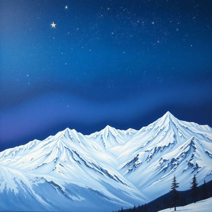 This serene snowy mountain landscape is perfect for your desktop or mobile wallpaper. The majestic snow-capped peaks and the starry night sky create a breathtaking scene that will transport you to a world of tranquility.