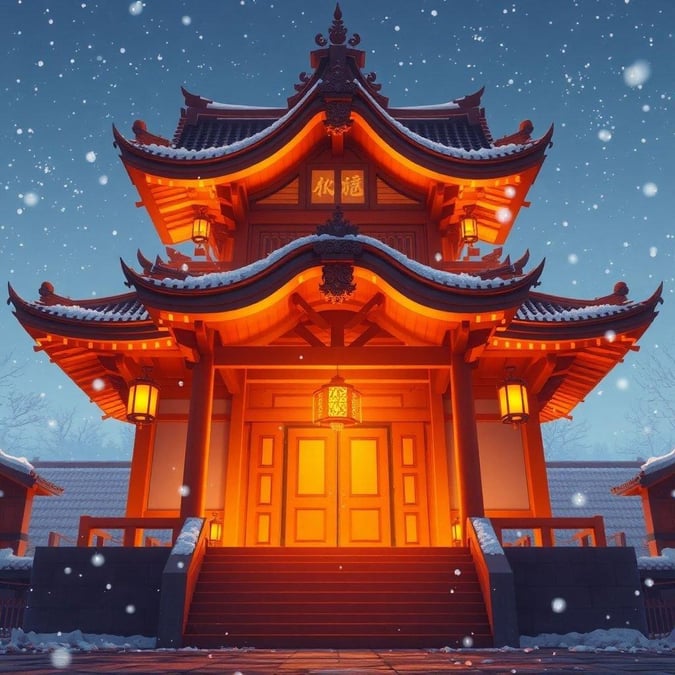 Experience the beauty of traditional Japanese architecture fused with contemporary design. As you approach the shrine, the warm glow from its orange and yellow lights guides your way. The falling snowflakes add a touch of serenity to the scene, making it a perfect desktop or mobile wallpaper for those who appreciate tranquil settings.