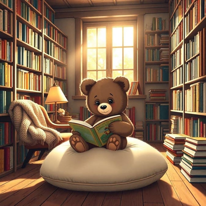 A delightful scene of a teddy bear enjoying a good book in a warm and inviting library setting.