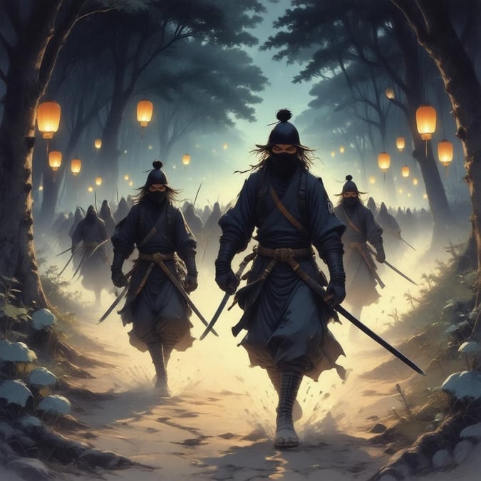 Step into a world of stealth and mystery with this captivating anime illustration. A group of ninja warriors, their silhouettes stark against the darkness, move through the forest with a sense of motion that's both dynamic and ethereal. The glowing lanterns in the distance cast an otherworldly light, illuminating the trees and ground with an Anime-like effect that's both haunting and beautiful.