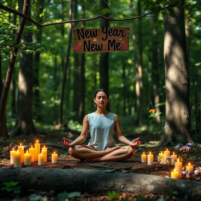 Embrace the tranquility of the new year with this serene forest scene. A woman meditates in the woods, surrounded by candles and the soothing ambiance of nature.