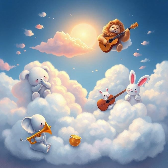 A whimsical scene where animals come together to play music under a sky full of stars.