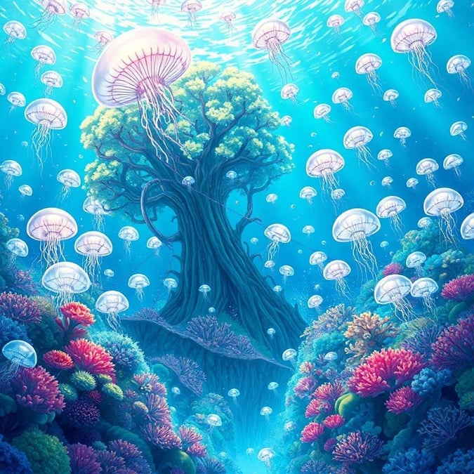 Immerse yourself in a fantastical underwater world, teeming with jellyfish and corals, in this vibrant anime-inspired wallpaper.