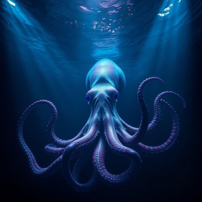 This image captures the mystical depths of the ocean, featuring a majestic cephalopod in its underwater habitat. The octopus's vibrant colors and intricate patterns are showcased against the dark backdrop of the deep sea, with rays of light piercing through to illuminate the scene from below.