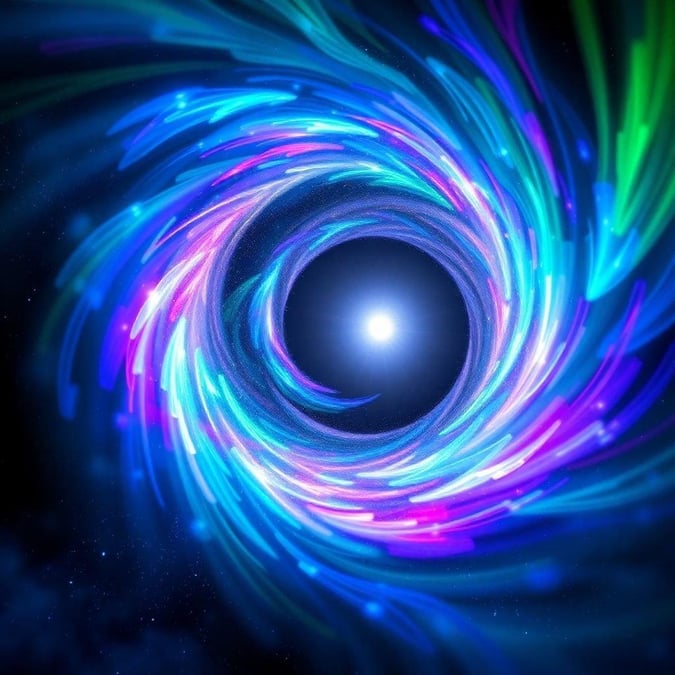 This stunning sci-fi wallpaper transports you to a distant galaxy, where swirling vortexes of purple, blue, and green hues create a mesmerizing portal to another world.