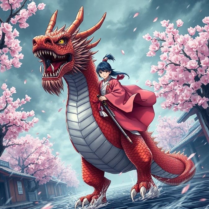 In this captivating anime illustration, a young samurai in a vibrant pink and white outfit straddles the back of a majestic red dragon. The dragon's fierce gaze is directed straight at the viewer, giving a sense of interaction. The background is a beautiful stormy street lined with cherry blossom trees, adding a serene yet powerful atmosphere to the scene.