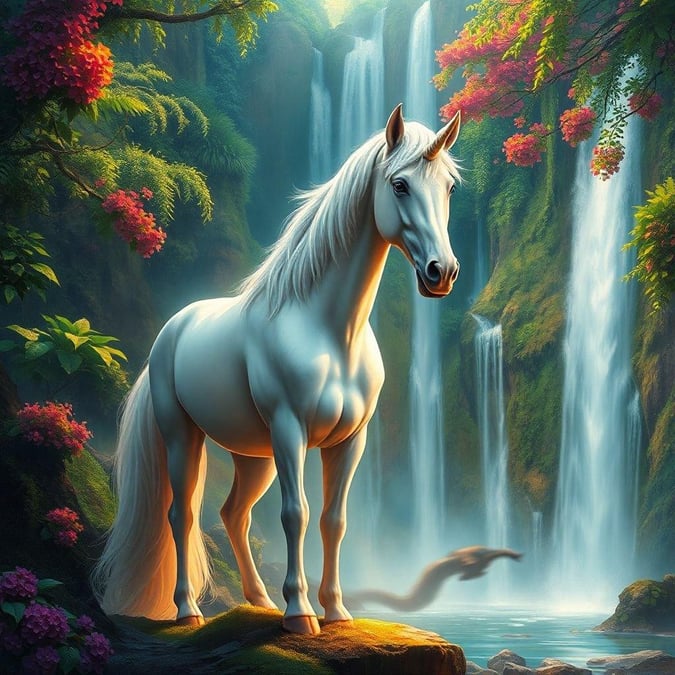 This enchanting wallpaper features a majestic unicorn standing gracefully in a lush forest, surrounded by vibrant flowers and towering trees. The unicorn's ethereal beauty and the serene forest setting create a captivating scene that transports you to a world of fantasy and wonder.