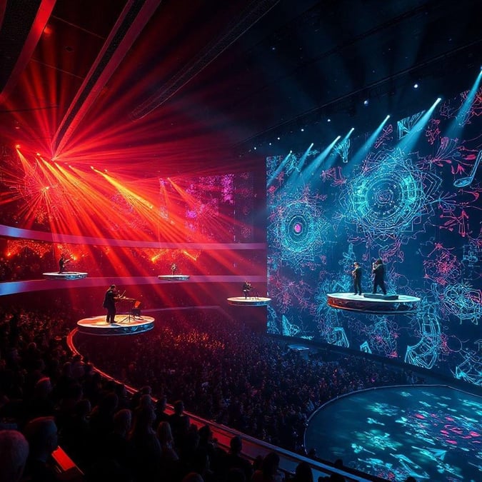 Lively electronic music concert featuring colorful visual effects. Performers in black, illuminated against the vibrant backdrop, engaging audience with their energetic performance.