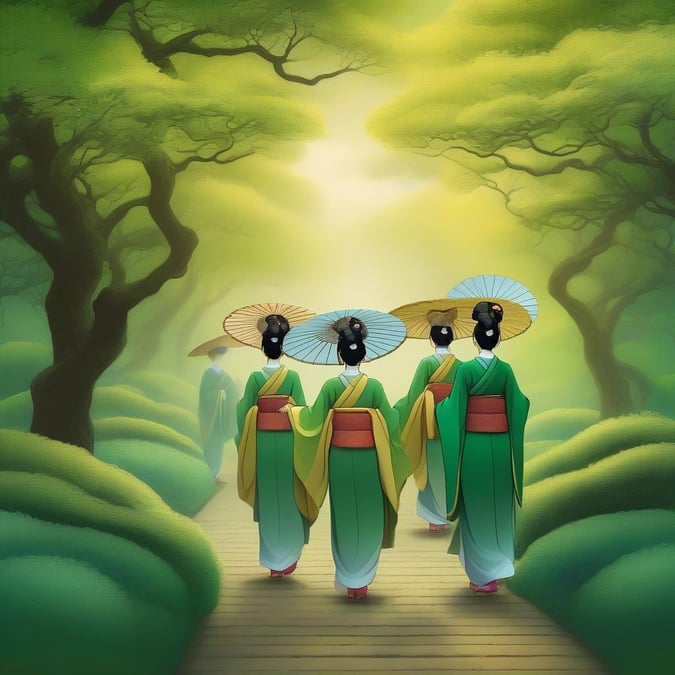 A serene moment captured among three geishas, their elegant attire and delicate faces exuding poise as they traverse a tranquil garden path. The backdrop of the image is filled with lush greenery and towering trees, creating a mystical atmosphere that complements the timeless beauty of these traditional Japanese figures.