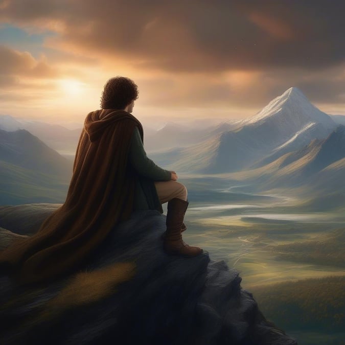 Join Frodo on his epic quest through Middle-earth in this stunning wallpaper inspired by the Lord of the Rings movies.