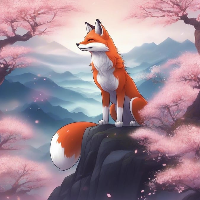 A majestic fox-like creature perched on a rock, overlooking a serene landscape with cherry blossoms in the foreground and snow-capped mountains in the distance.