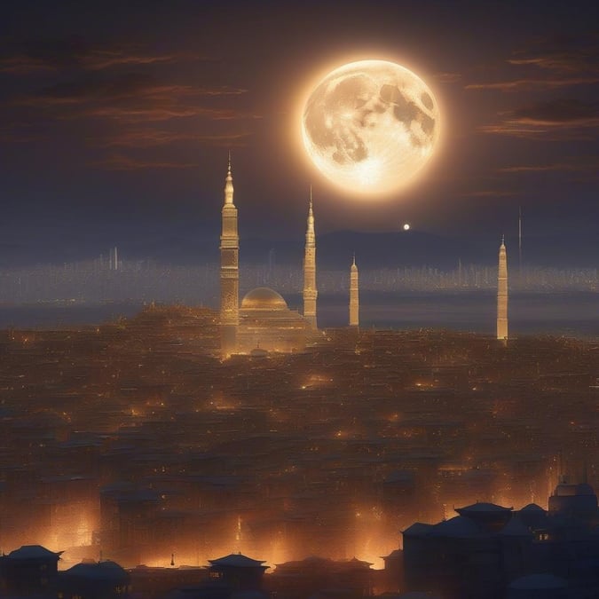 A serene and peaceful Ramadan night sky with a full moon and a mosque in the background.