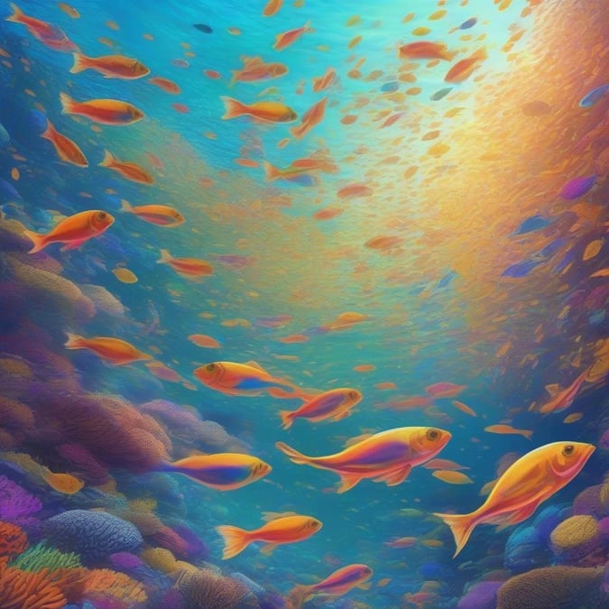 Dive into the colorful depths of an ocean teeming with life. Schools of fish, bright corals, and mysterious underwater creatures fill this aquatic panorama.