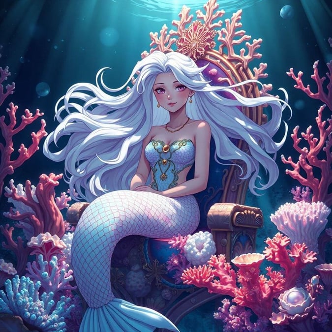 This stunning anime illustration features a mermaid princess as the central figure, surrounded by a throne made of corals and pearls. Her hair is a mesmerizing cascade of white and pink coral, adding to the overall sense of wonder and intrigue.