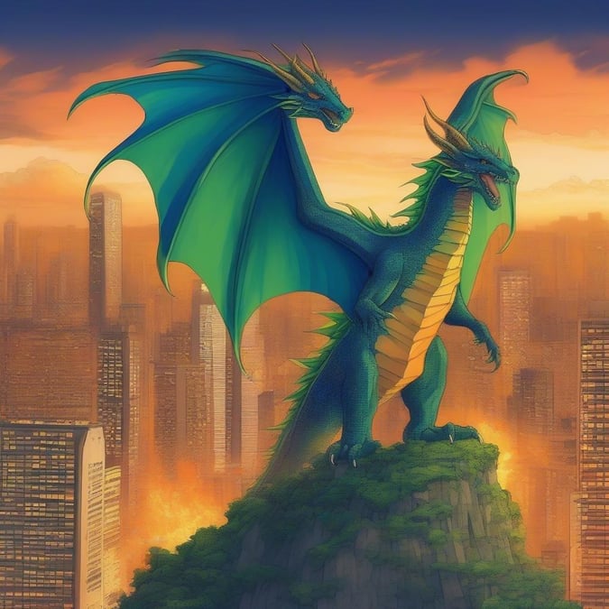 Experience the awe-inspiring moment when a majestic dragon rises from the heart of a burning city, set against a backdrop of a fiery sky. This anime-style illustration, with its vibrant colors and intricate details, captures the essence of power and mystery.