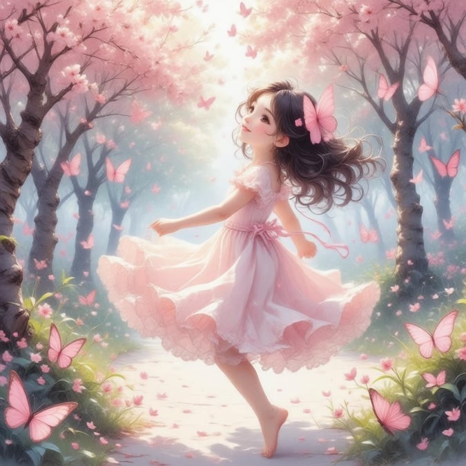 This anime-style wallpaper features a young girl floating in a swarm of pink butterflies, surrounded by a lush garden of cherry blossom trees. The vibrant scene, with its warm glow and the butterflies' wings, captures a moment of tranquility.