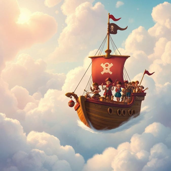 A group of adventurous kids set sail on a whimsical pirate ship, ready to embark on an exciting journey with the wind at their backs. The high seas are calling and no challenge is too great for these brave crewmates. 