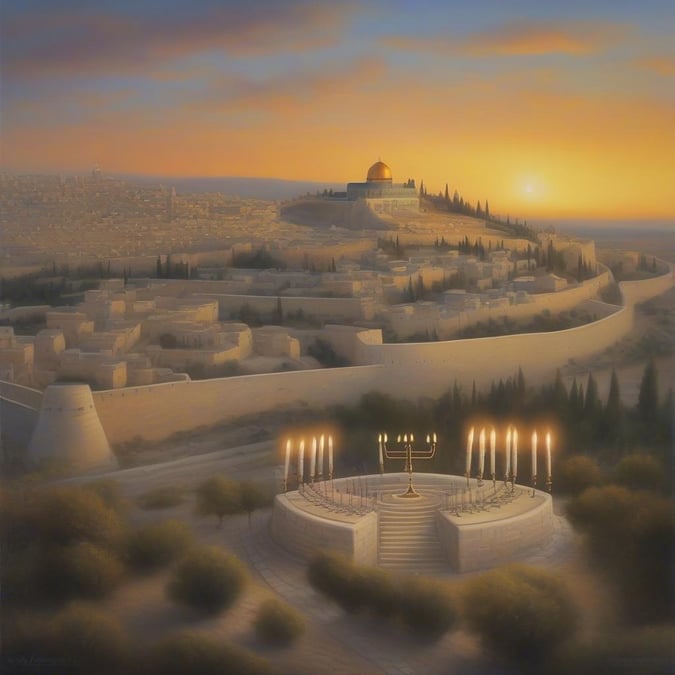 Celebrate the Festival of Lights with this serene depiction of a Hanukkah ceremony at the Western Wall. A single candle, a symbol of hope and resilience, glows brightly against the backdrop of the ancient stones and the setting sun.