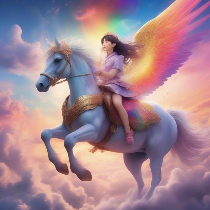 A magical anime character on a majestic unicorn in a dreamy sky