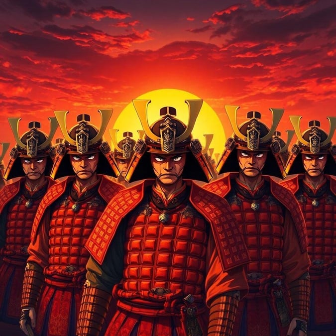 Este impressionante papel de parede apresenta um grupo de guerreiros samurai em armaduras de batalha, com o pano de fundo de um pôr do sol deslumbrante. A vibrante armadura laranja e amarela dos guerreiros se destaca contra o fundo escuro, criando um contraste impressionante. Os olhares intensos dos guerreiros voltados para o espectador adicionam um efeito de anime à imagem, tornando-a um papel de parede cativante e dinâmico.