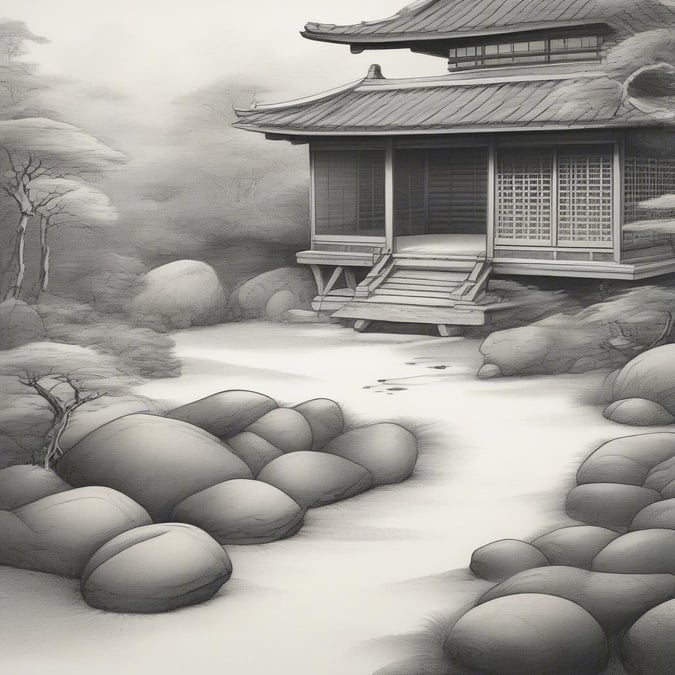 This serene image captures the essence of traditional Japanese architecture, showcasing a house nestled in nature.