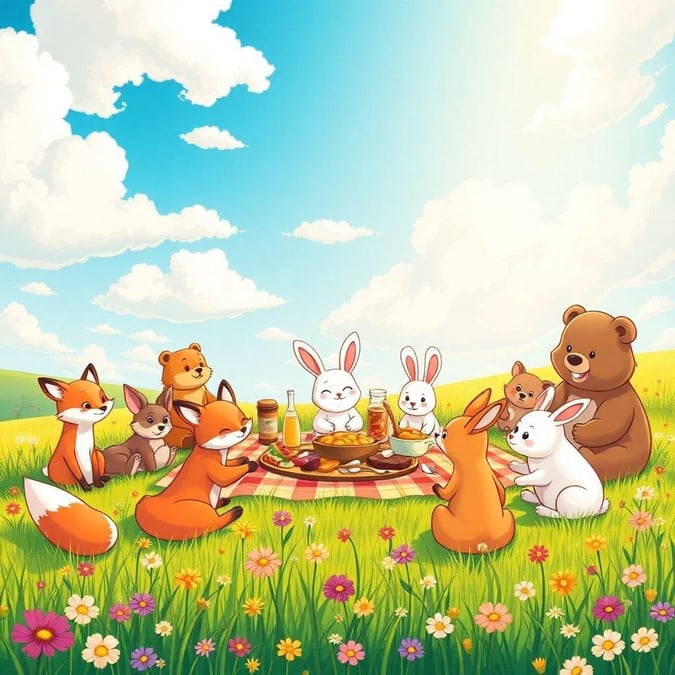 Join our cheerful cartoon critters as they share a picnic in the great outdoors! This delightful scene is perfect for your desktop or mobile device. Don't miss out on the fun of these charming characters enjoying their time together under a bright sky.