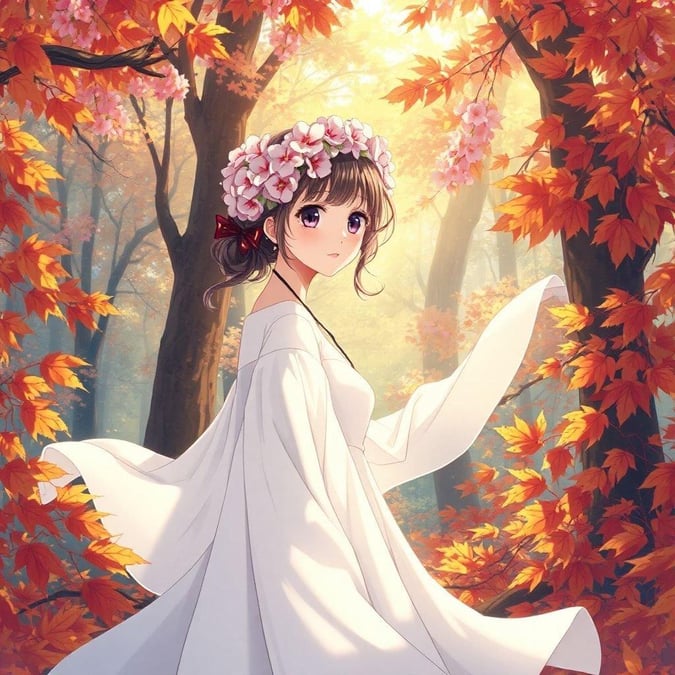 Diese Anime-Illustration fängt einen ruhigen Moment einer jungen Frau ein, die inmitten eines üppigen Waldes steht, umgeben von Herbstblättern und Kirschblüten.