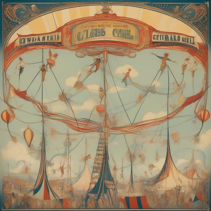 A whimsical circus poster with an array of characters in an art nouveau style, set against a backdrop of colorful hot air balloons and vivid circus tents.