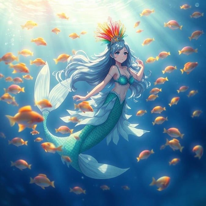 Immerse yourself in the enchanting world of anime with this captivating mermaid wallpaper. The ethereal mermaid, with her serene blue and green outfit and rainbow-like headpiece, swims alongside a school of colorful fish in a dreamy underwater scene. The illustration captures the beauty and mystery of the ocean, making it a perfect addition to any desktop or mobile device.