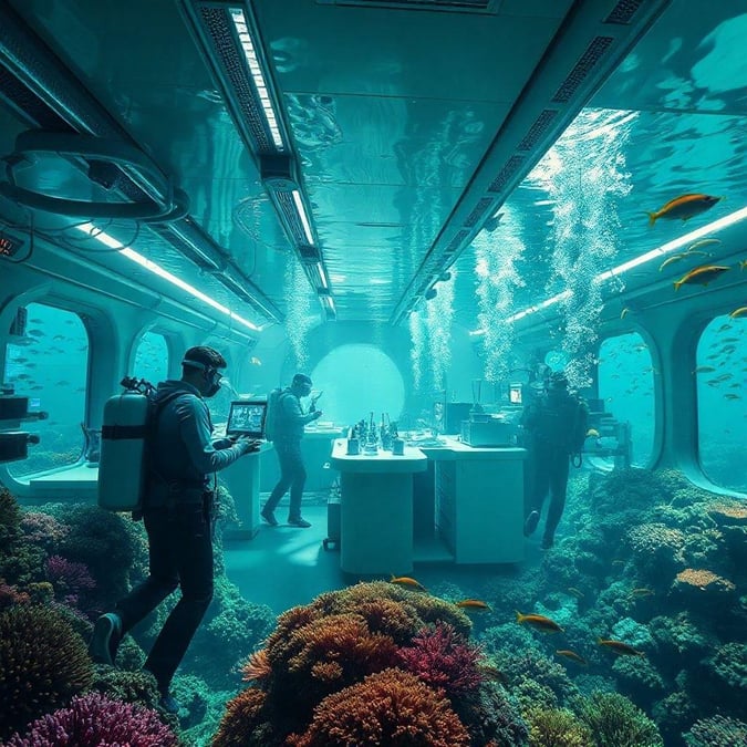 An adventurous dive into the deep sea, encountering marine life while surrounded by a vibrant aquatic ecosystem.