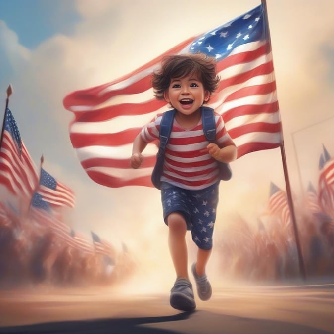 Celebrate the spirit of freedom on Independence Day with this heartwarming image of a young child running towards an American flag, symbolizing joy and pride in their nation's heritage.