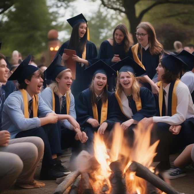 A joyful gathering of students in their caps and gowns, celebrating their graduation. They are sharing stories, laughter, and the warmth of a bonfire.