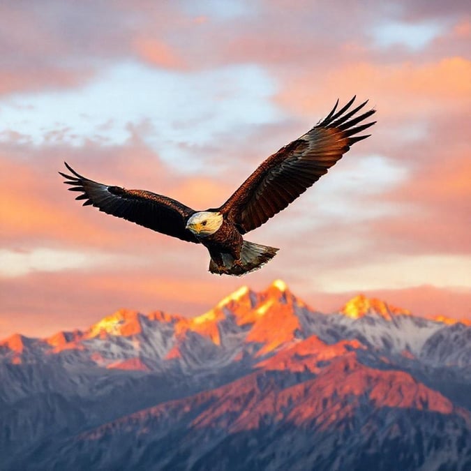 This stunning wallpaper features an eagle soaring through the sky, its wings spread wide as it takes in the breathtaking view of the mountains below. The eagle's majestic presence is captured in perfect detail, making this image a must-have for any nature lover's desktop or mobile device.