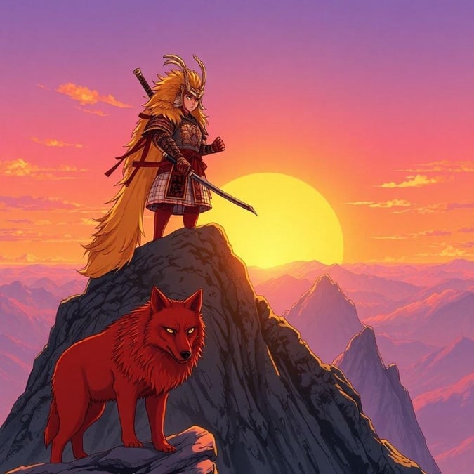 This anime illustration depicts a samurai standing on a mountain peak, accompanied by a large red wolf in the foreground, set against a serene sunset sky with a warm glow.