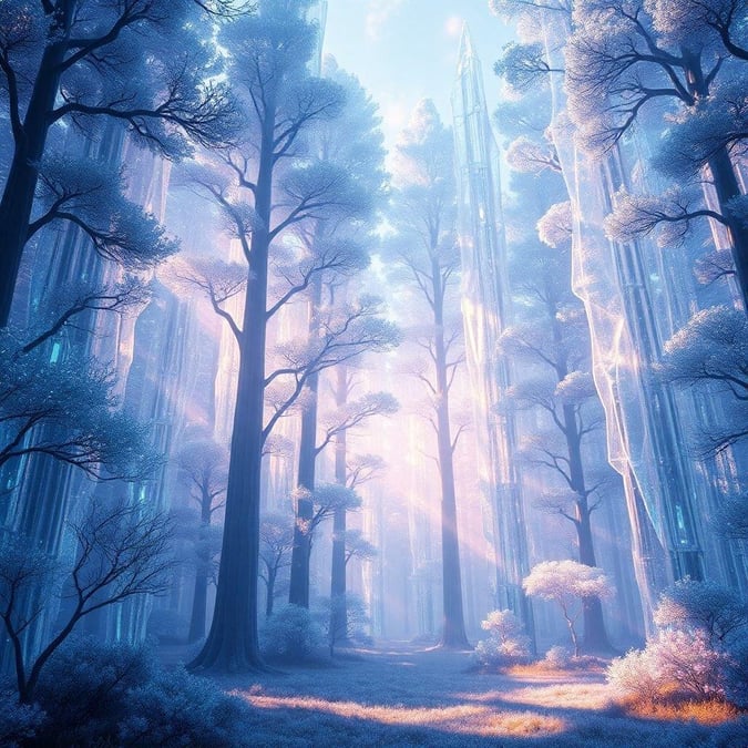 Immerse yourself in the enchanting world of this 3D art fantasy forest wallpaper, where towering trees and ethereal light create a breathtaking scene.