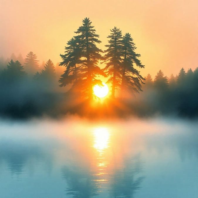 A peaceful evening scene with a vibrant sunset casting a warm glow on a tranquil lake surrounded by tall pines.