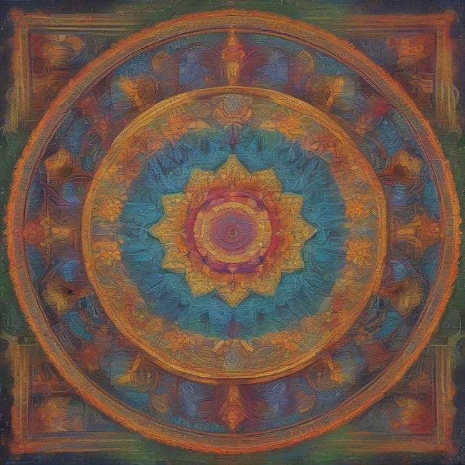 This colorful mandala design is a symbolic representation often used in meditation for balance, focus and spiritual growth.