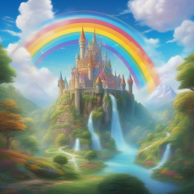 A whimsical scene of a castle at the base of a waterfall, with a beautiful rainbow arching over it, set against a backdrop of misty mountains. A fantasy-themed wallpaper for all ages.