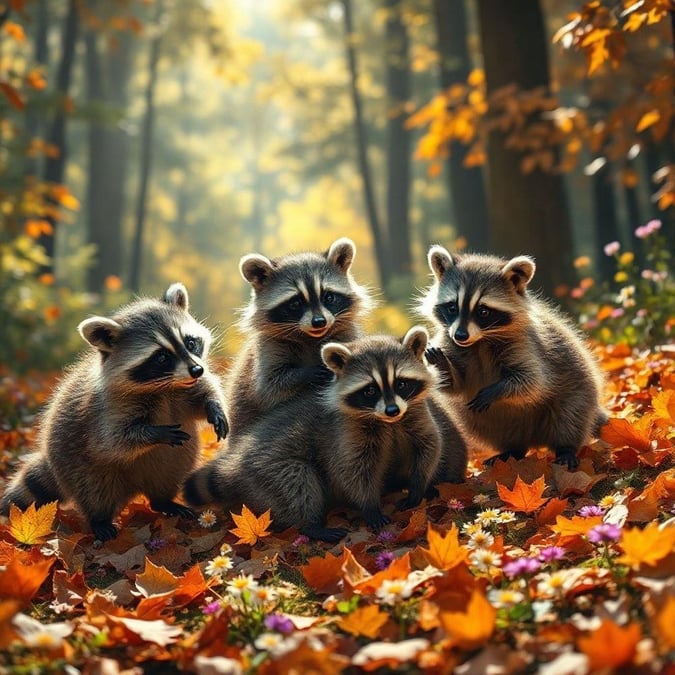 Cute raccoons enjoying their time in the golden leaves of fall. A perfect wallpaper for a cozy season.