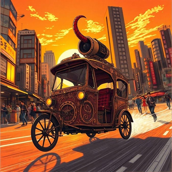 Experience the thrill of a steampunk-inspired rickshaw racing through the vibrant streets of Tokyo, set against a stunning sunset backdrop.