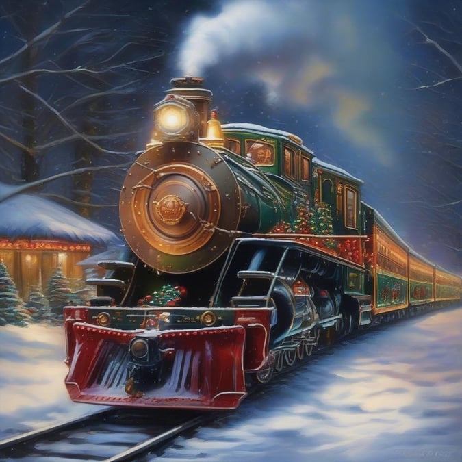 Bringing cheer on this snowy Christmas eve, the train is adorned with festive lights, snowflakes, and evergreens. It's a delightful journey through the winter landscape.