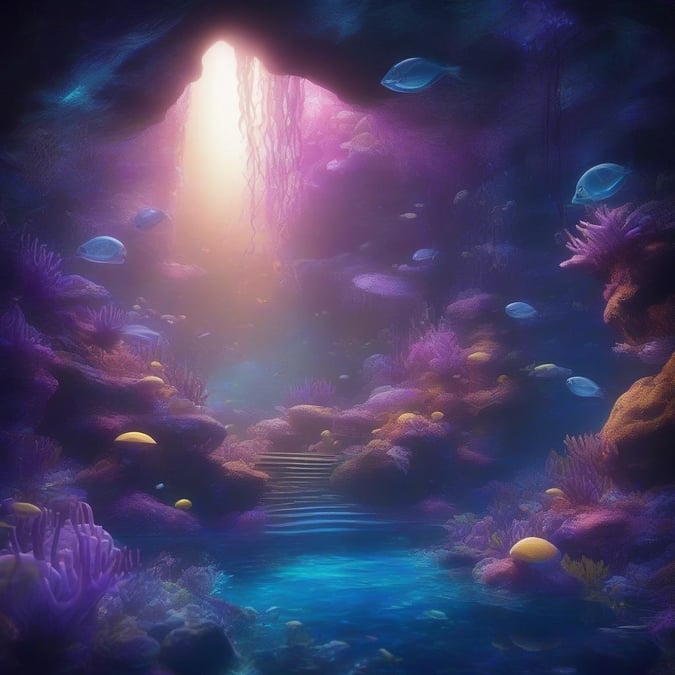 Dive into a mystical underwater world where colorful coral formations sway gently with the current. Navigate through the depths, past towering pillars of kelp and ancient ruins, as if you've stumbled upon Atlantis itself. This vibrant scene is perfect for your desktop background or a screensaver that brings life to any monitor.