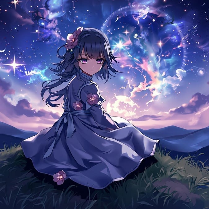 This serene anime scene features a young girl in a white dress with pink flowers, sitting on a hill and gazing at the viewer. The peaceful moment is captured under a starry night sky, creating a tranquil atmosphere.